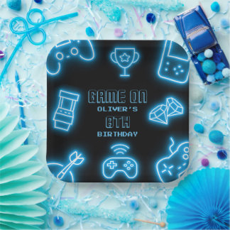 Plato De Papel Cumpleaños de videojuegos de cualquier año Neon