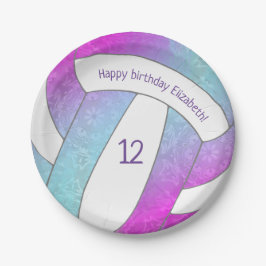 Plato De Papel cumpleaños de voleibol color rosa morado y azul