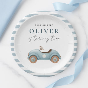 Plato De Papel Cumpleaños de Watercolor Blue Car Fiesta de pers