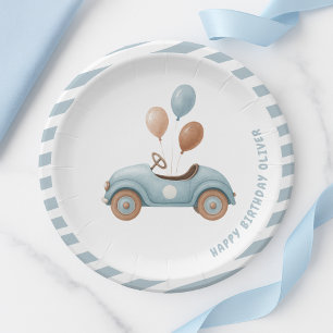 Plato De Papel Cumpleaños de Watercolor Blue Car   Fiesta de pers