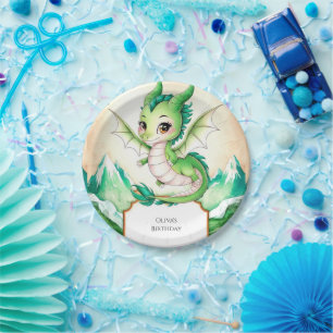 Plato De Papel Cumpleaños de Watercolor Whimsy Dragon