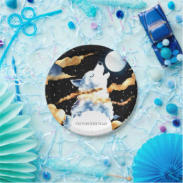 Plato De Papel Cumpleaños de Whimsical Howling Wolf