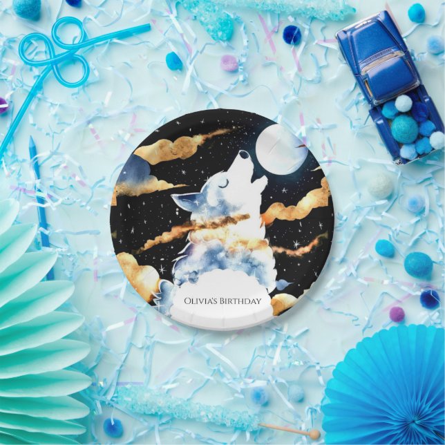 Plato De Papel Cumpleaños de Whimsical Howling Wolf (Fiesta)