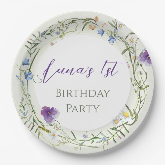 Plato De Papel Cumpleaños de Wildflower al primer año (Anverso)