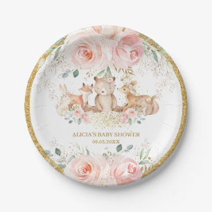 Plato De Papel Cumpleaños de Woodland Rubor Pink Floral en Baby