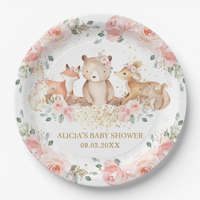 Plato De Papel Cumpleaños de Woodland Rubor Pink Floral en Baby S (Anverso)