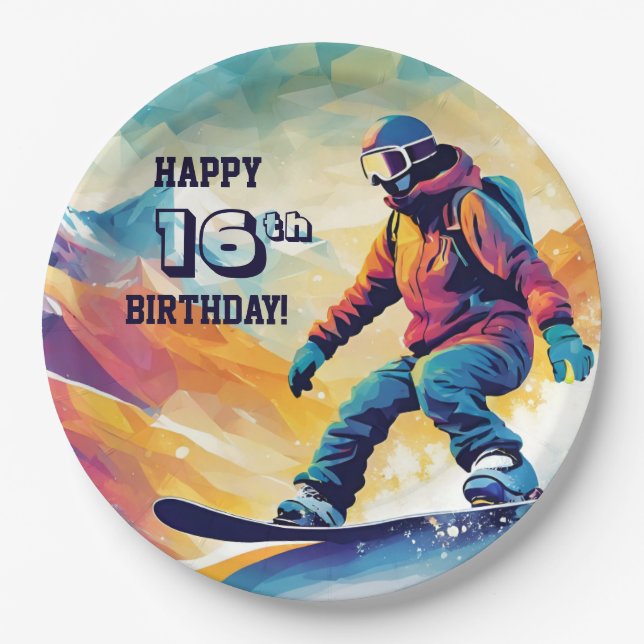 Plato De Papel Cumpleaños del adolescente Snowboarding (Anverso)
