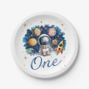 Plato De Papel Cumpleaños del Astronauta Cohete Espacial Uno