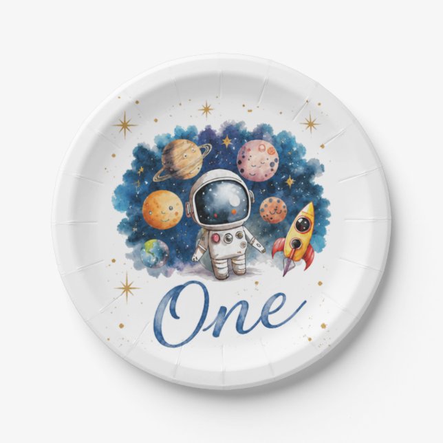 Plato De Papel Cumpleaños del Astronauta Cohete Espacial Uno (Anverso)