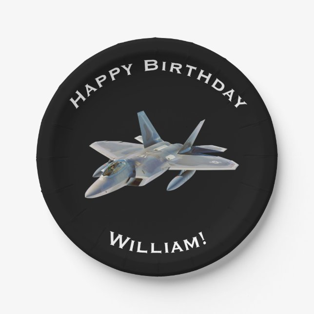 Plato De Papel Cumpleaños del avión de combate F-22 con nombre (Anverso)
