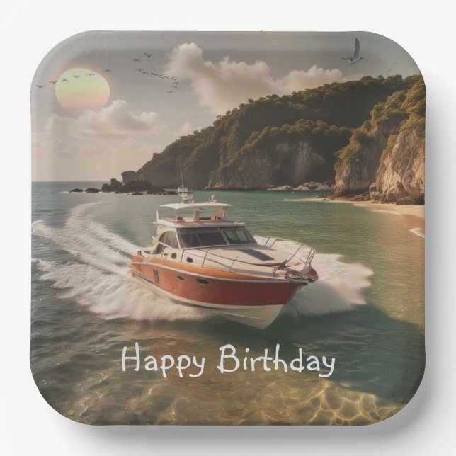 Plato De Papel Cumpleaños del barco de motor (Anverso)