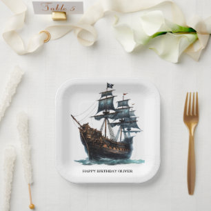 Plato De Papel Cumpleaños del Barco Pirata Negro