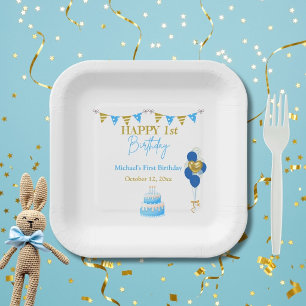 Plato De Papel Cumpleaños del bebé niño azul globos dorados paste