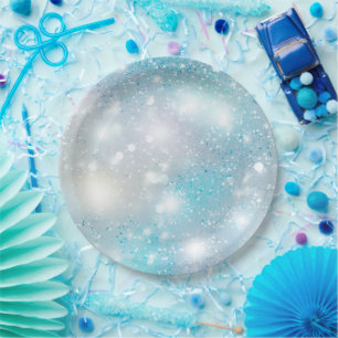 Plato De Papel Cumpleaños del Bokeh Blanco Azul Aqua