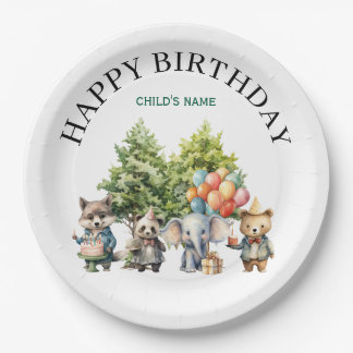 Plato De Papel Cumpleaños del bosque de acuarela caprichosa