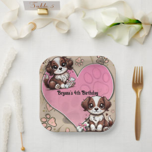 Plato De Papel Cumpleaños del cachorro marrón con pata y corazón 