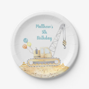 Plato De Papel Cumpleaños del camión de excavadores de construc