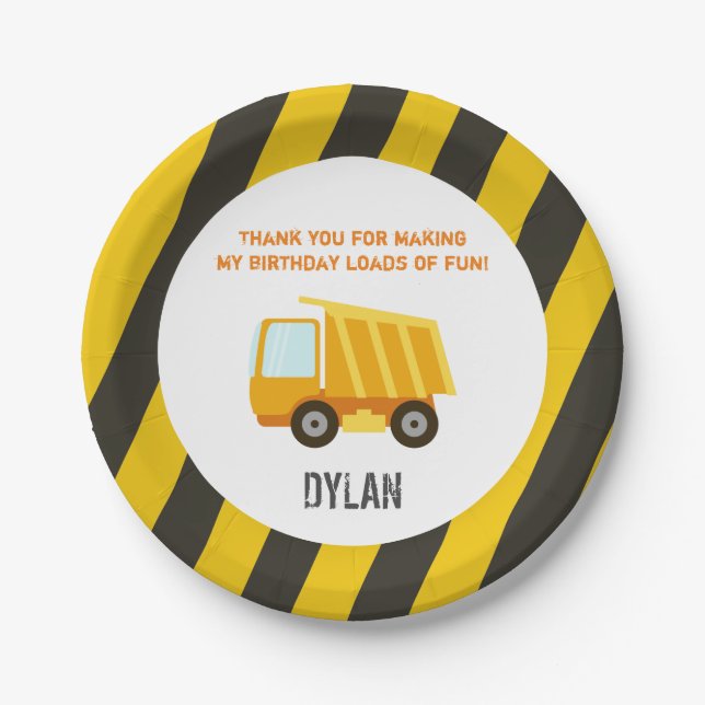 Plato De Papel Cumpleaños del camión volquete de la construcción (Anverso)