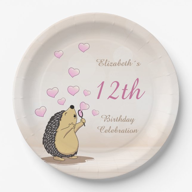 Plato De Papel Cumpleaños del Chica Cute Hedgehog (Anverso)