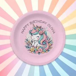 Plato De Papel Cumpleaños del Chica de Unicornio Rosa Personaliza