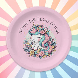 Plato De Papel Cumpleaños del Chica de Unicornio Rosa Personaliza
