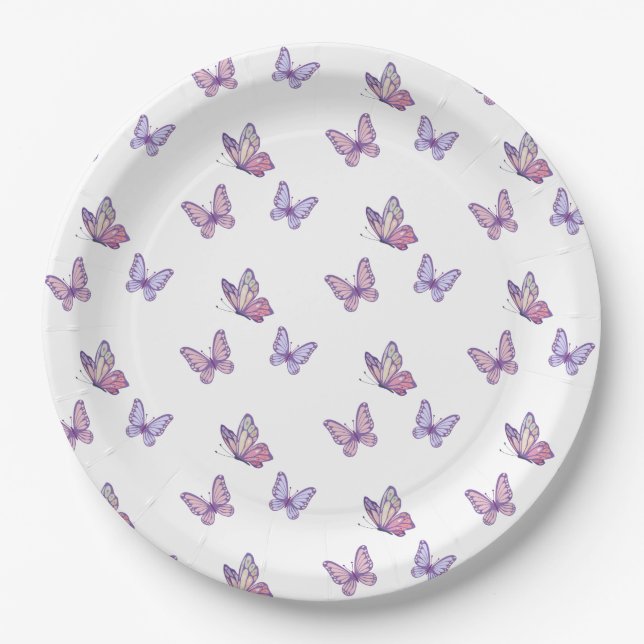 Plato De Papel Cumpleaños del chica Mariposa Morada (Anverso)