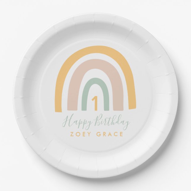 Plato De Papel Cumpleaños del Chica Pastel Rainbow moderno (Anverso)