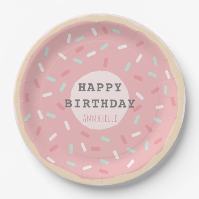 Plato De Papel Cumpleaños del Chica Pink Donut (Anverso)