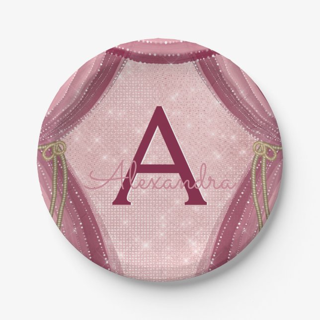 Plato De Papel Cumpleaños del Chica Rubor Pink, Gold y Burgundy (Anverso)