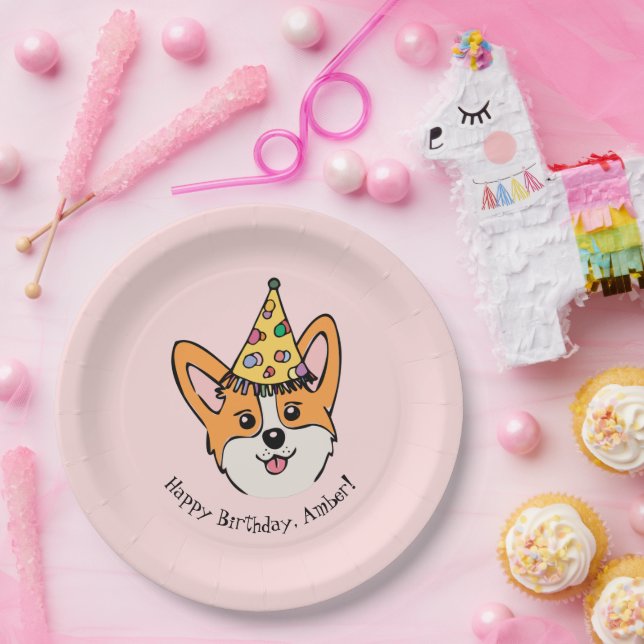 Plato De Papel Cumpleaños del Chica temático Corgi personalizado (Fiesta)