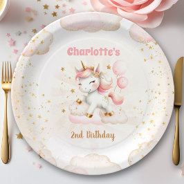 Plato De Papel Cumpleaños del Chica Unicornio Rosa Cute