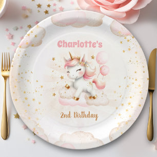 Plato De Papel Cumpleaños del Chica Unicornio Rosa Cute