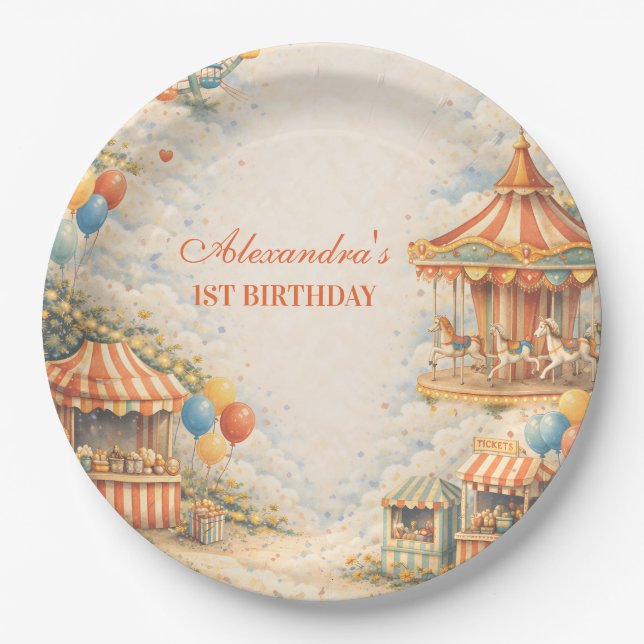 Plato De Papel Cumpleaños del Circo Carnaval Vintage (Anverso)