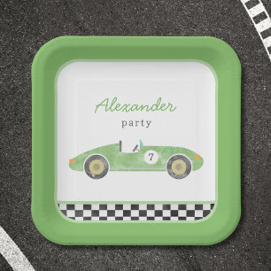 Plato De Papel cumpleaños del coche de carrera verde