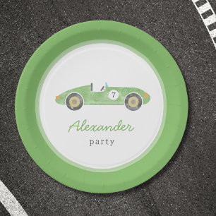 Plato De Papel cumpleaños del coche de carrera verde