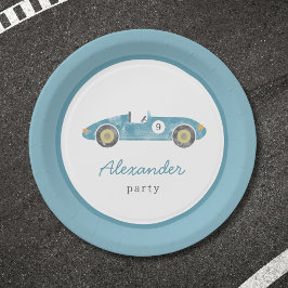 Plato De Papel cumpleaños del coche de carreras azules