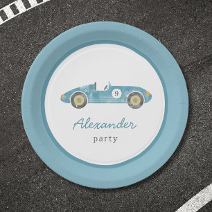 Plato De Papel cumpleaños del coche de carreras azules