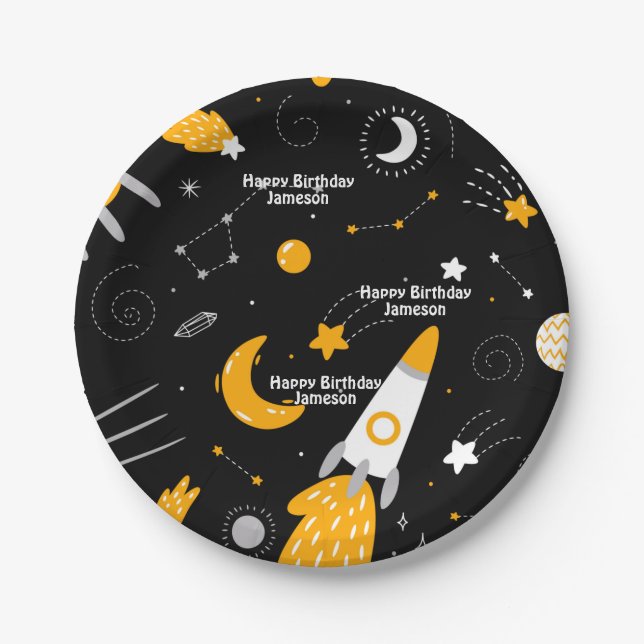 Plato De Papel Cumpleaños del cohete espacial Black Night Sky (Anverso)