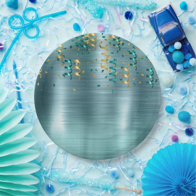 Plato De Papel Cumpleaños del Confetti de Oro verde azulado (Fiesta)