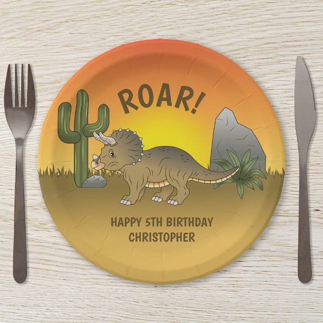Plato De Papel Cumpleaños del Desierto de los Dinosaurios Tricera (Subido por el creador)