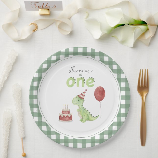 Plato De Papel Cumpleaños del dinosaurio lindo primero (Boda)