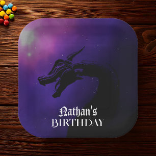 Plato De Papel Cumpleaños del dragón púrpura mítico