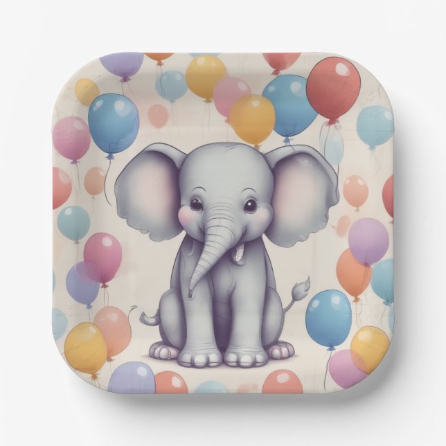 Plato De Papel Cumpleaños del Elefante Cute (Anverso)