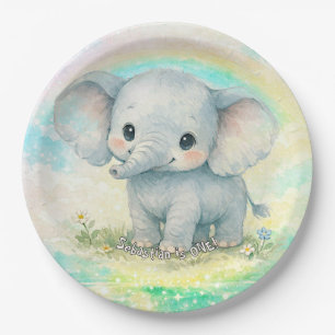 Plato De Papel Cumpleaños del Elefante Primero Arcoíris Rosa Past