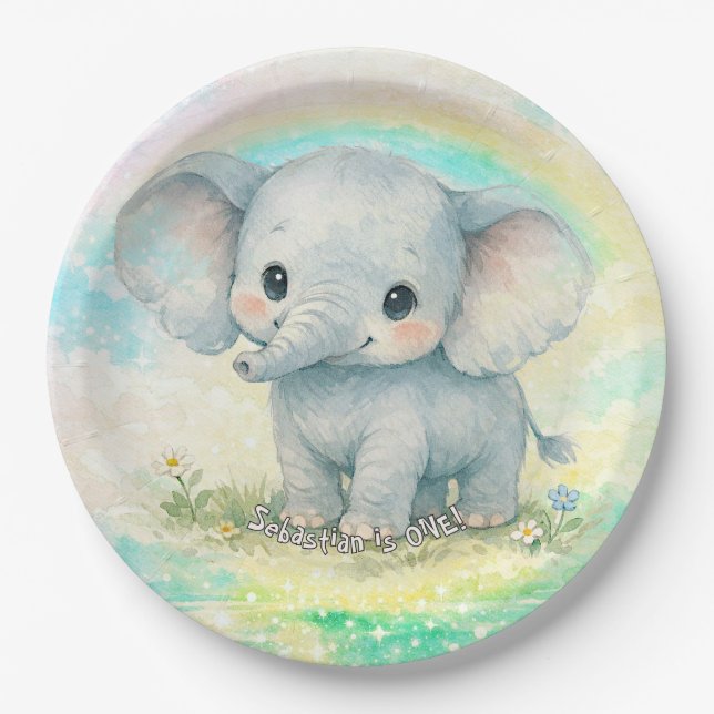 Plato De Papel Cumpleaños del Elefante Primero Arcoíris Rosa Past (Anverso)