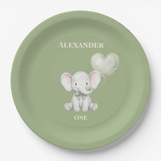 Plato De Papel Cumpleaños del Elefante Verde Salvia con Nombre y