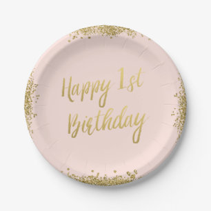 Plato De Papel Cumpleaños del falso purpurina rosado del oro de