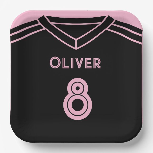 Plato De Papel Cumpleaños del Fiesta de fútbol rosa y negro de Mi (Anverso)