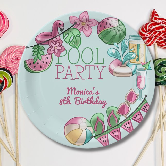 Plato De Papel Cumpleaños del fiesta de verano de la piscina (Subido por el creador)