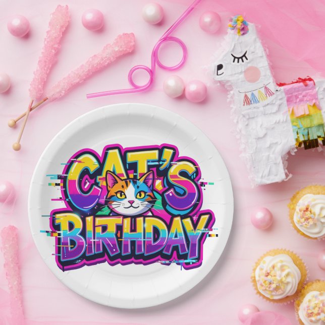 Plato De Papel Cumpleaños del Gato Arcoíris con Glitch (Fiesta)